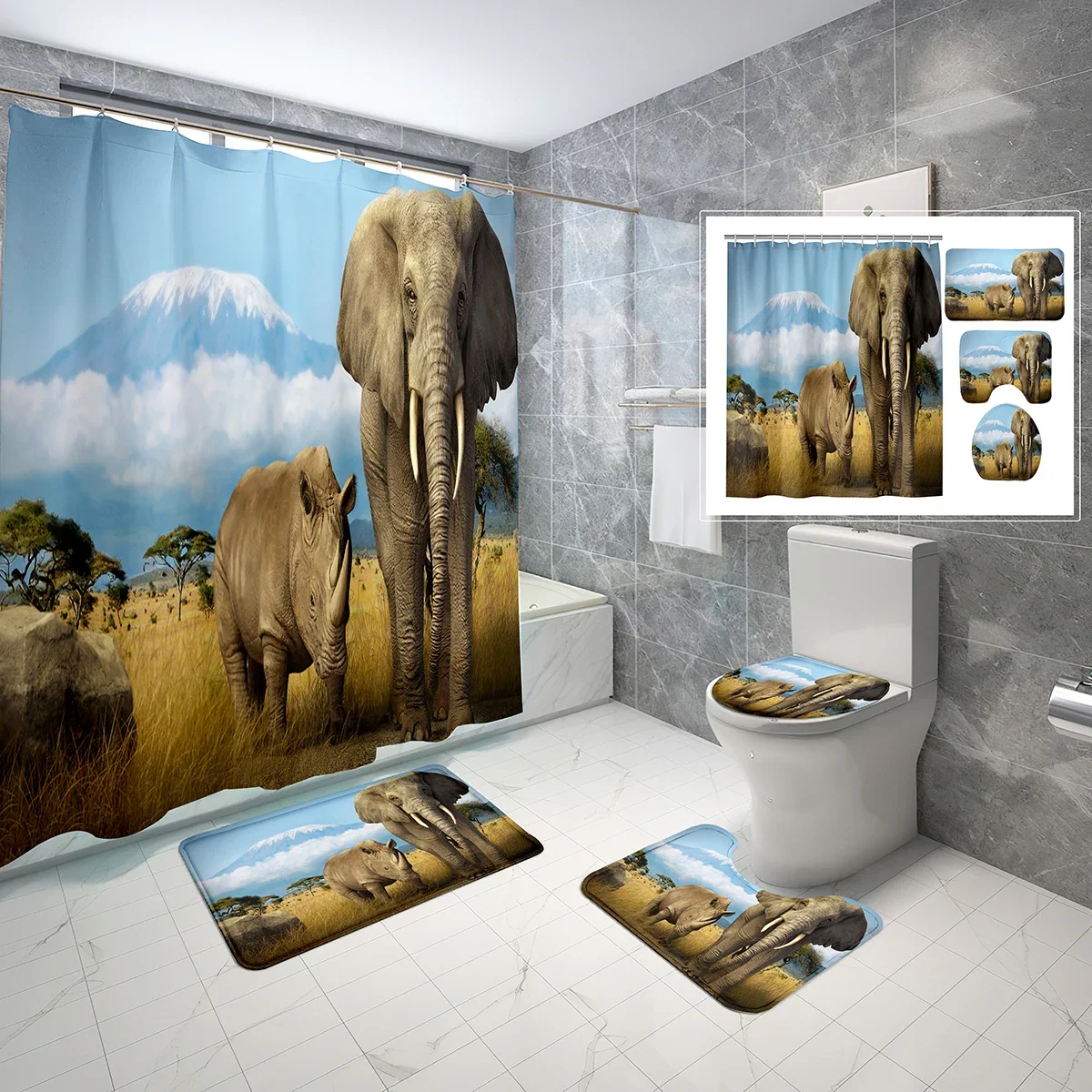 

Набор душевых занавесок с изображением дикой природы, слона, синего неба, луга, пейзажа, 4 шт., занавески для душа, ванная комната, нескользящий коврик для ванной, чехол для туалета
