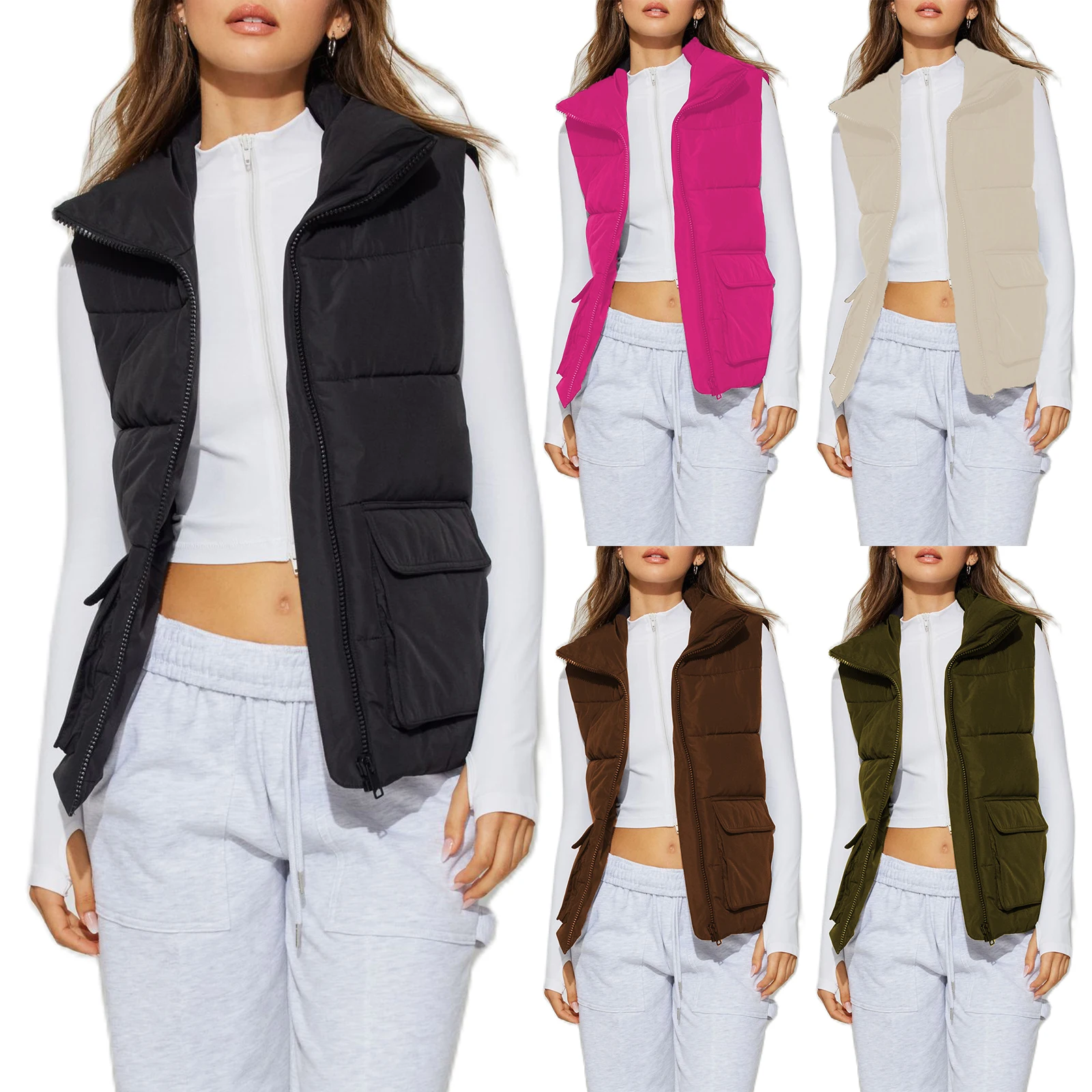 

Women’s Quilted Puffer Vest Sleeveless Stand Collar Zip Up Gilet Padded Coat Winter Outwear