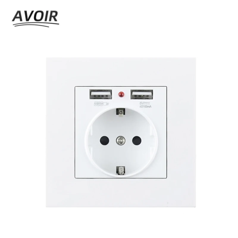 

Avoir EU Electrical Sockets PC Plastic Power Socket With USB 5V 2A Dual Usb Wall Plug Electrical Outlets Socket 86*86mm 16A 220V