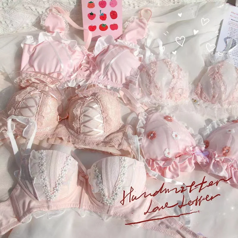 

Japanese bra underwear girl pink bralette cute fresh lolita my melody no steel ring brassiere sweet 2pcs bra and panty set