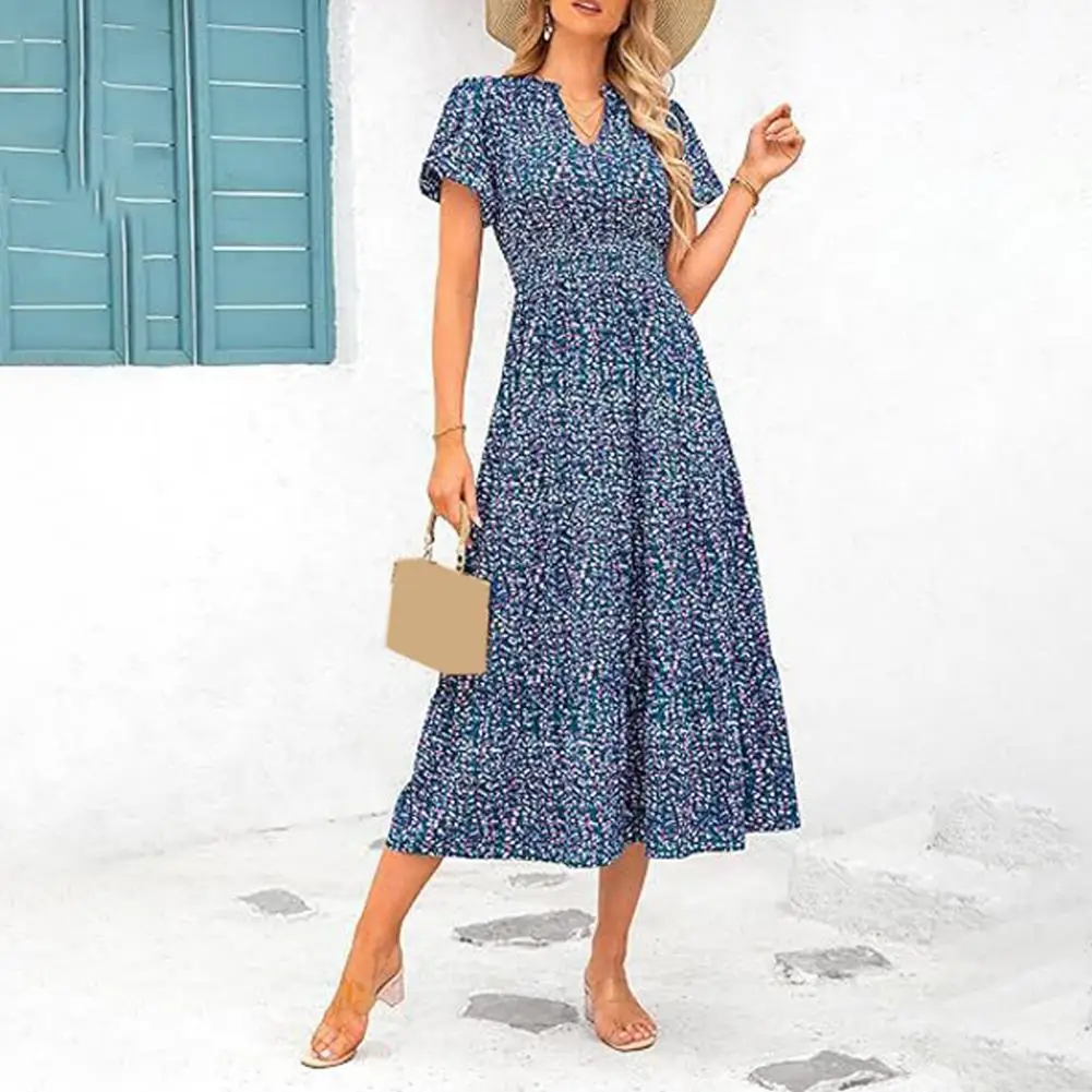 

Lady Dating Dress Floral Print V Neck Midi Dress for Women A-line Swing Style with Bubble Sleeves High Waist for Summer Vacation