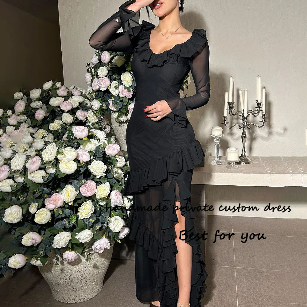 

Черные шифоновые вечерние платья-русалки с длинным рукавом и V-образным вырезом, женское платье для выпускного вечера с разрезом, длиной до пола, арабские дубайские официальные платья