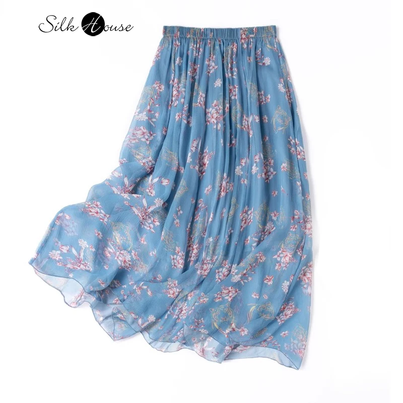 

2024 Women's Fashion Spring Evil Dragon Art Elegant and Romantic Flowing Elastic Waist Silk Double Layer Large Swing Skirt