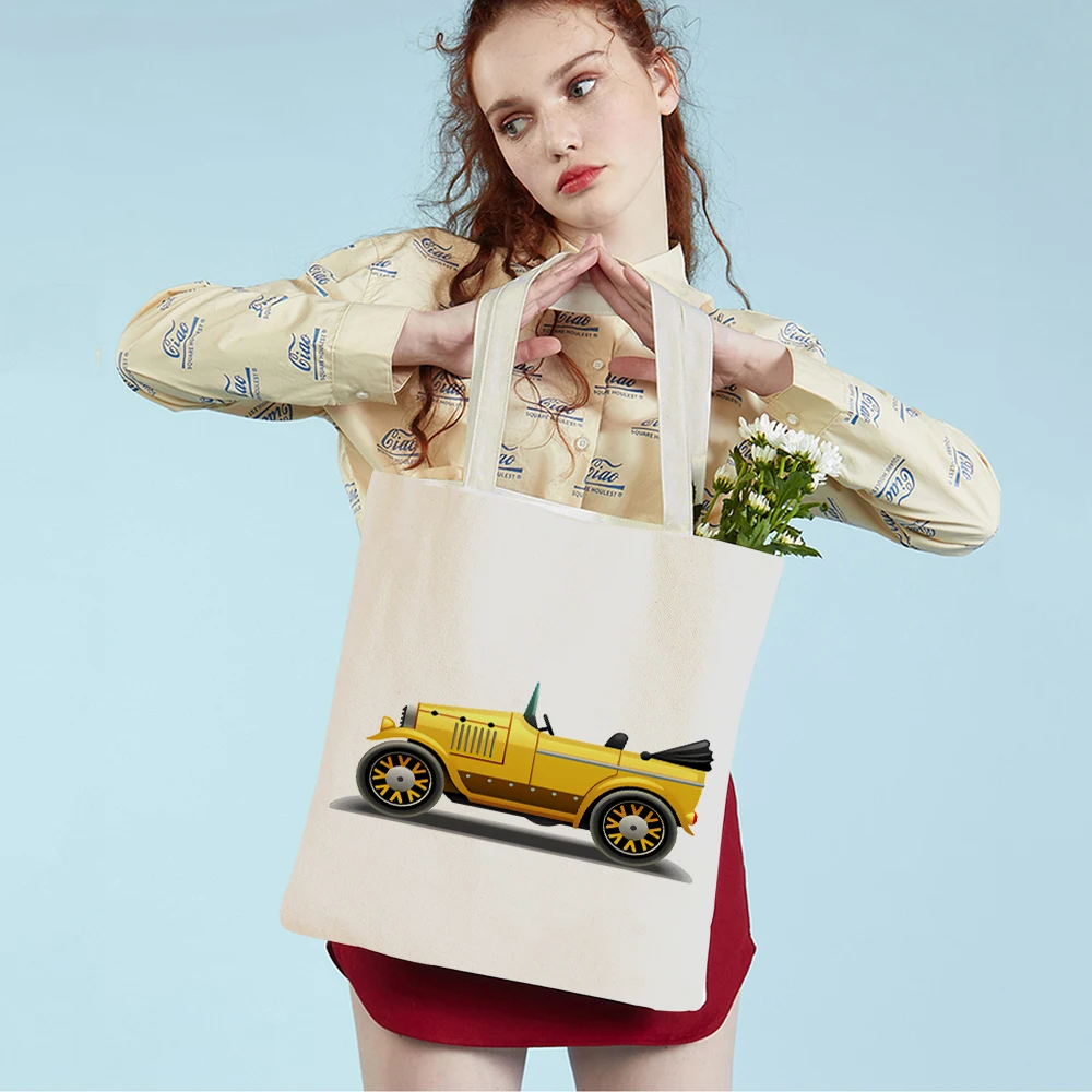 

Classic Cartoon Car Tote Shoulder Handbag Reusable Both Sided Print Children Gift Casual Canvas Shopping Bag for Boy Student