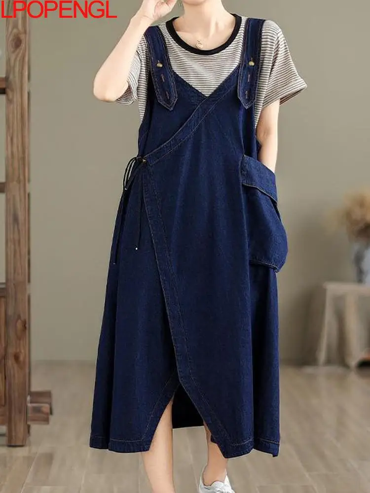 

New Solid Color Summer Casual Sleeveless V-neck Denim Dress Female Fashion Elegant Asymmetrical Pullover Spaghetti Strap Dress