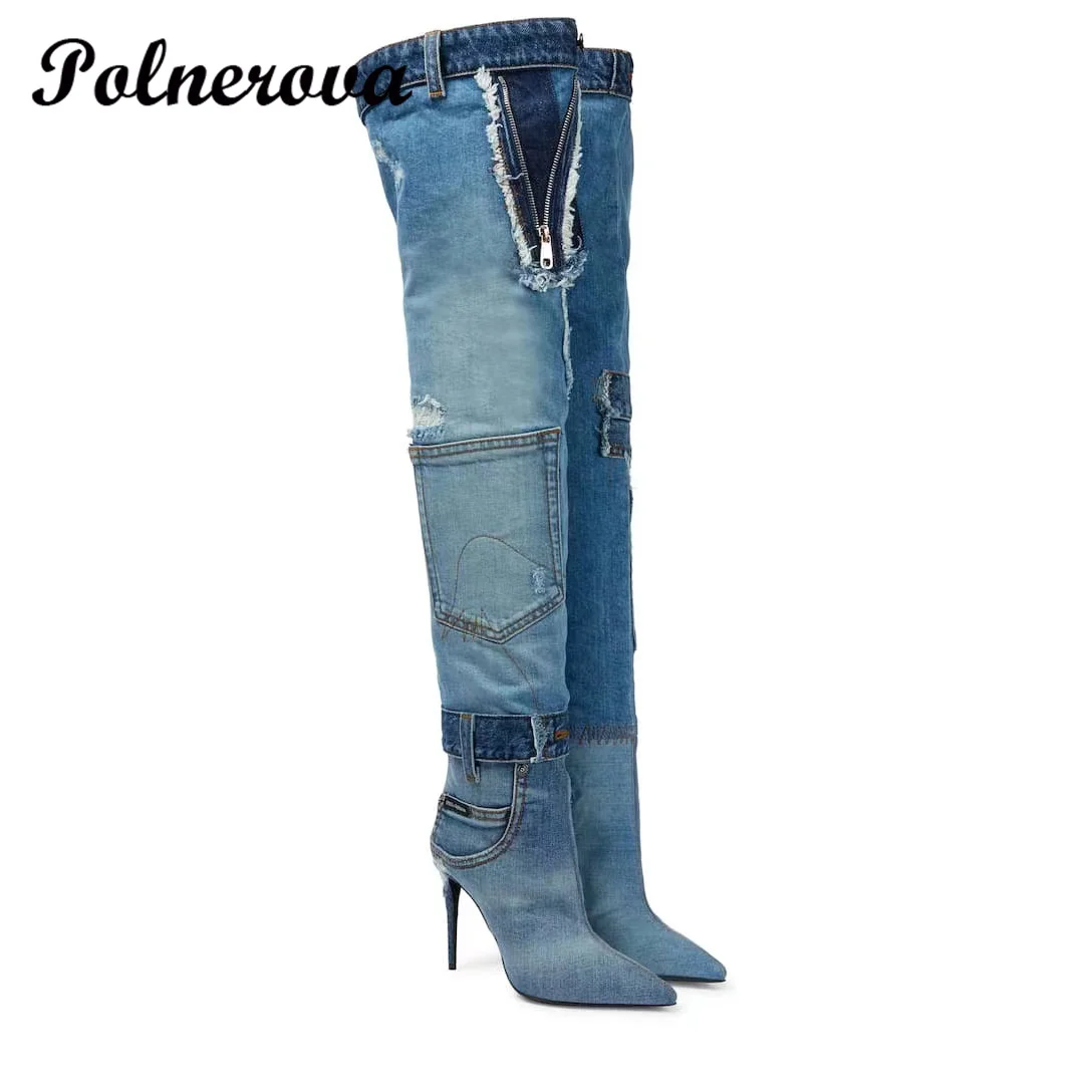 

Denim Blue Over-The-Knee Boots Women's Pointed Toe Stiletto High-Heeled Hot Girl Pocket Splicing Boots New In Ladies Boots