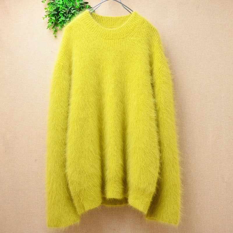

Ladies Women Fall Winter Clothing Green Hairy Mink Cashmere Knitted O-Neck Long Sleeves Loose Pullover Angora Fur Sweater Jumper