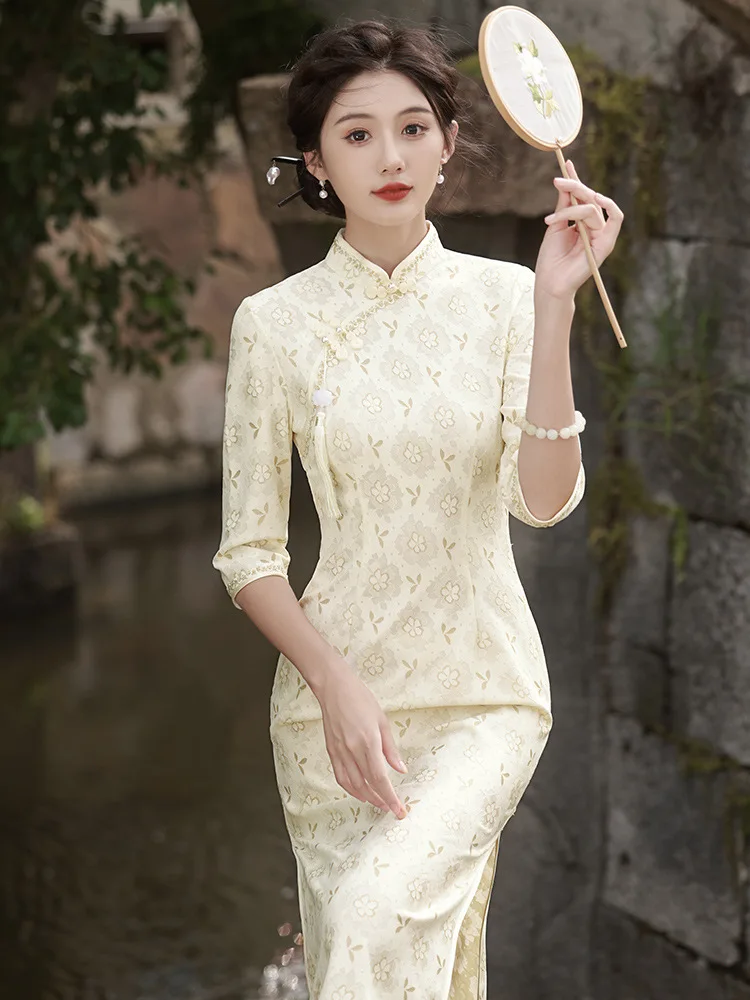 

Lace Slim Long Style Qipao Women Vintage Mandarin Collar Cheongsam Traditional Seven Points Sleeve Young Girl Chinese Dress