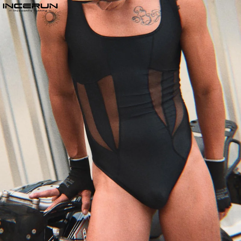 

INCERUN Men Bodysuits Mesh Patchwork Transparent Sexy Sleeveless Rompers Men Streetwear 2024 Skinny Fashion Male Bodysuit S-5XL