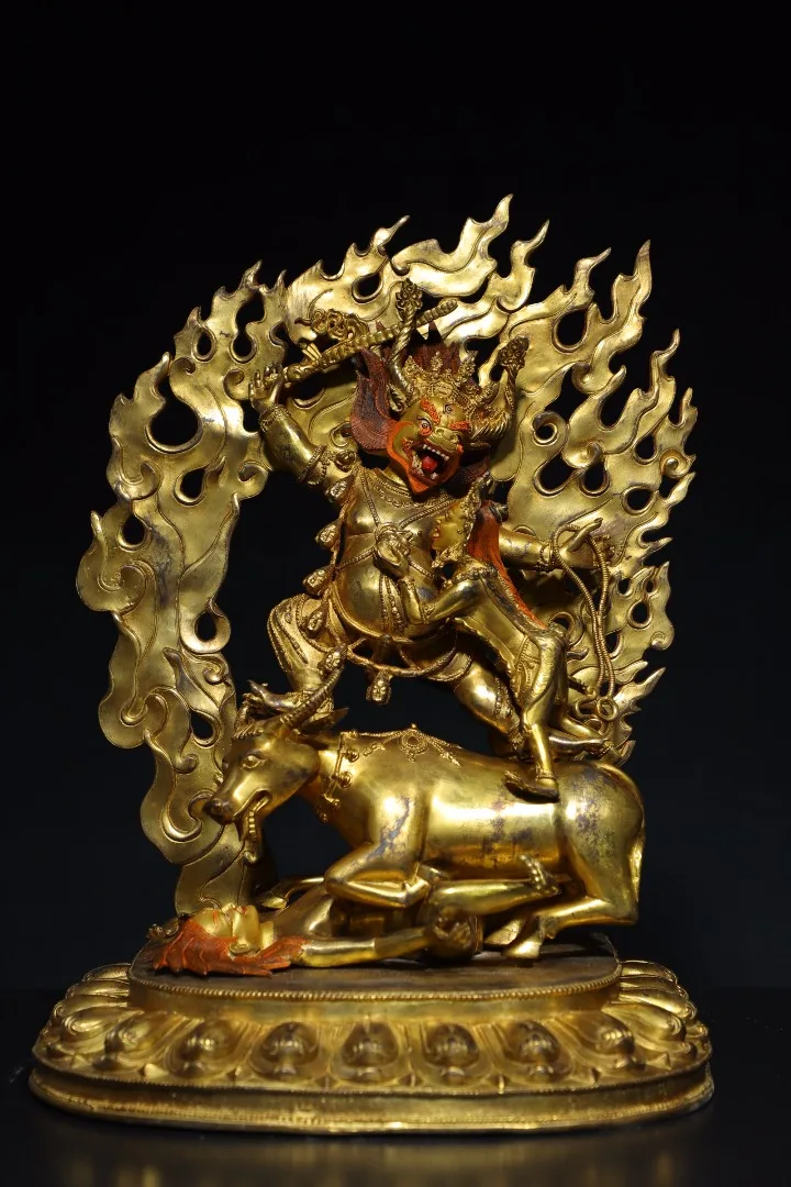 

20"Tibetan Temple Collection Old Bronze Gilded Cinnabar Hellmaster Yama Protector Buddha Lotus Terrace Worship Hall Town house