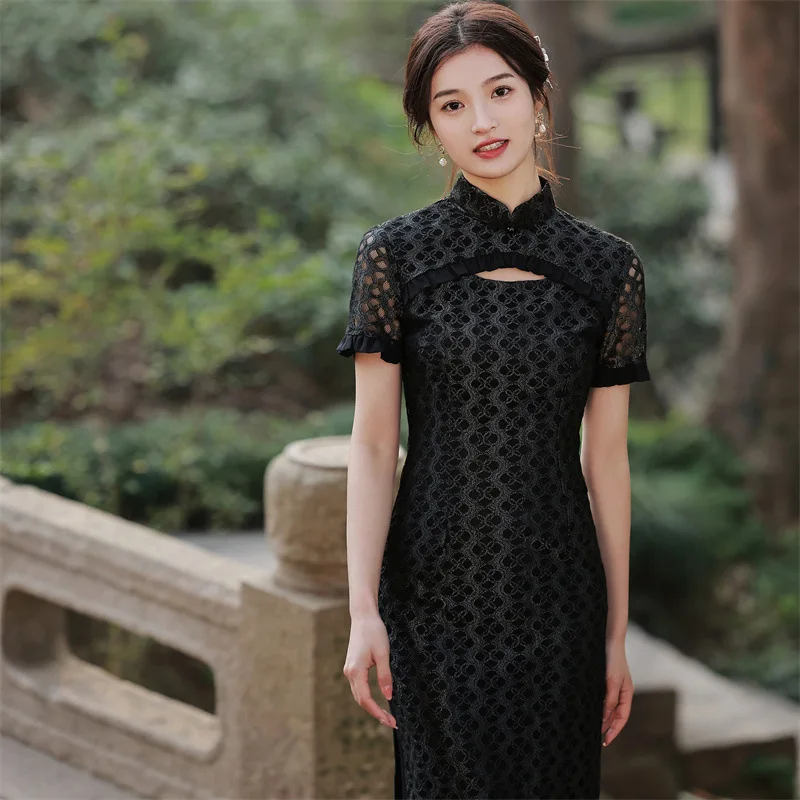 

Элегантное Кружевное платье-Ципао с воротником-стойкой, женское шифоновое платье в китайском стиле