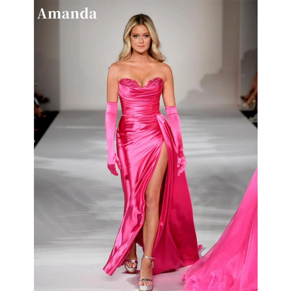 

Amanda Sexy Strapless Fishtail Vestido De Novia Fuchsia Trumpet Prom Gown Simple Sweetheart Satin Mermaid Prom Dress