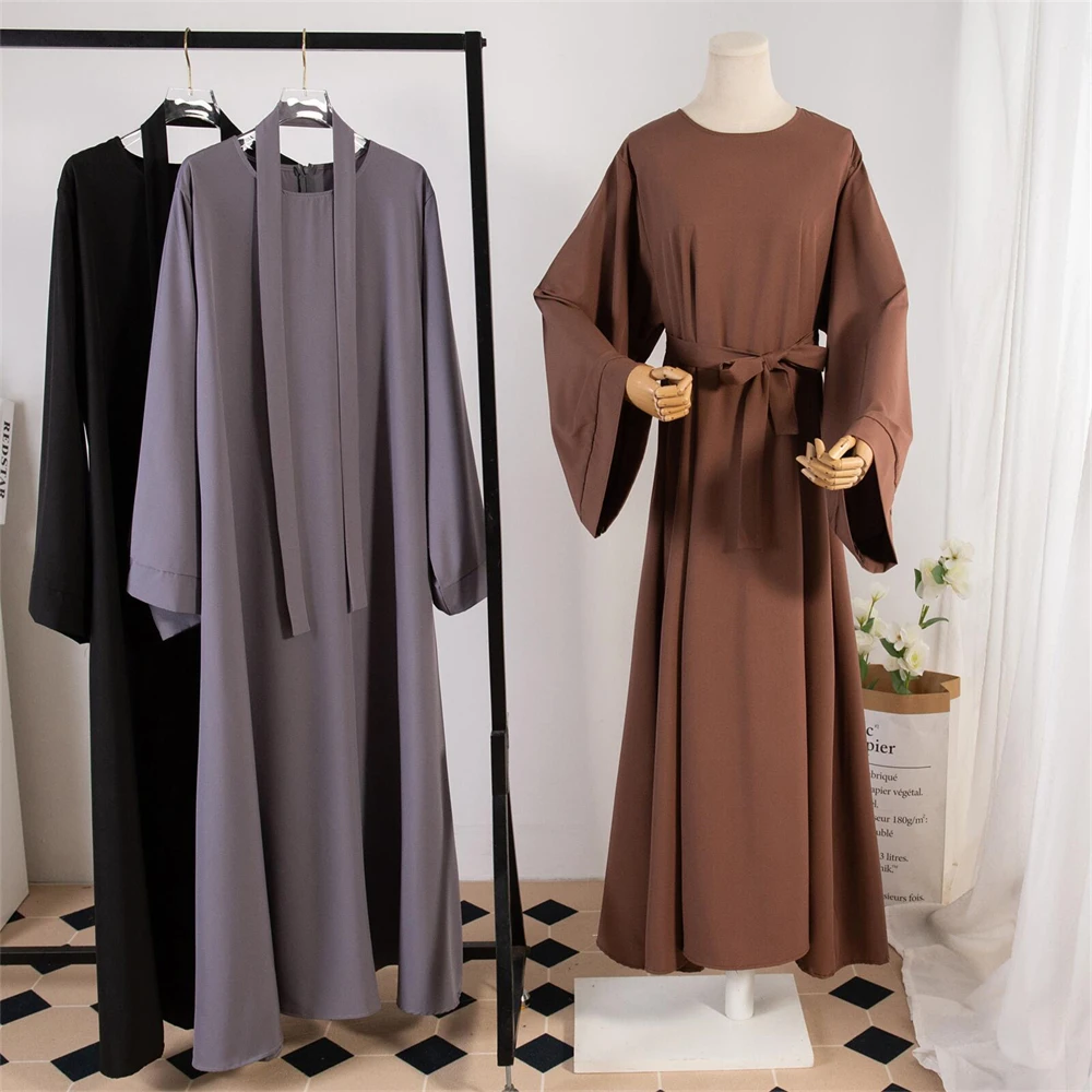

Muslim Women Plain Belted Maxi Dress Eid Ramadan Dubai Abayas Turkey Kaftan Islamic Clothing Saudi Arabic Robe Marocain Caftan