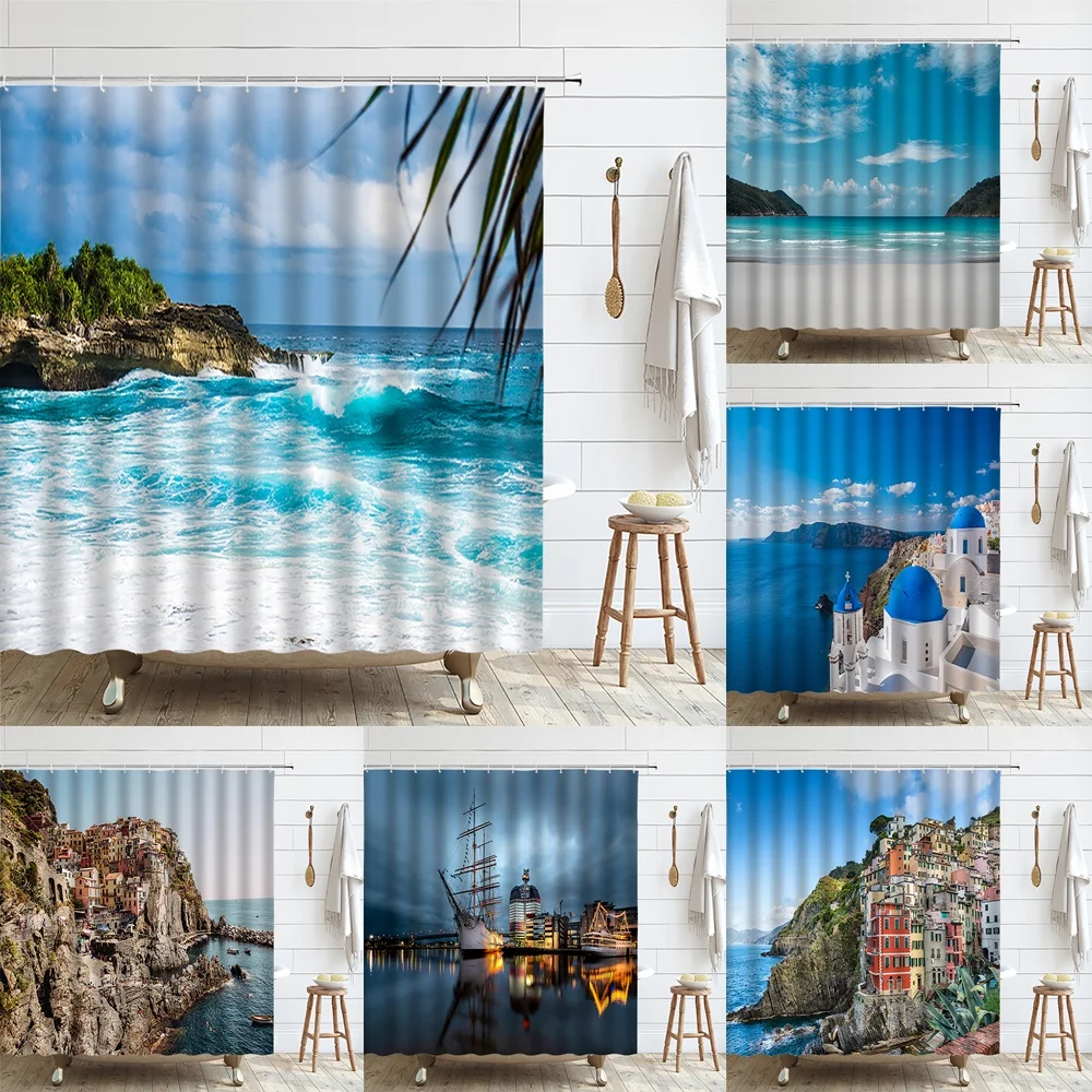 

Sea Beach Ocean Waves Shower Curtain for Bathroom Decor Blue Tropical Coastal Seaside Natural Scenery Bath Curtains Cloth Screen