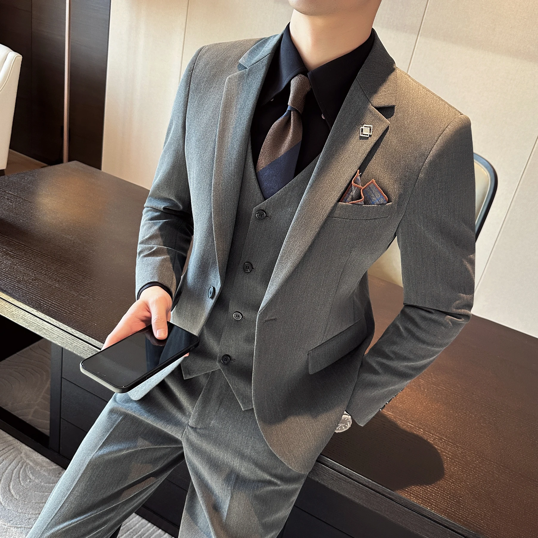 

(Jacket+Vest+Trousers) Men Blazers Suits Wedding 3 Pieces Business Elegant Luxury Full Coat Pants Design Latest Vest Slim Fit