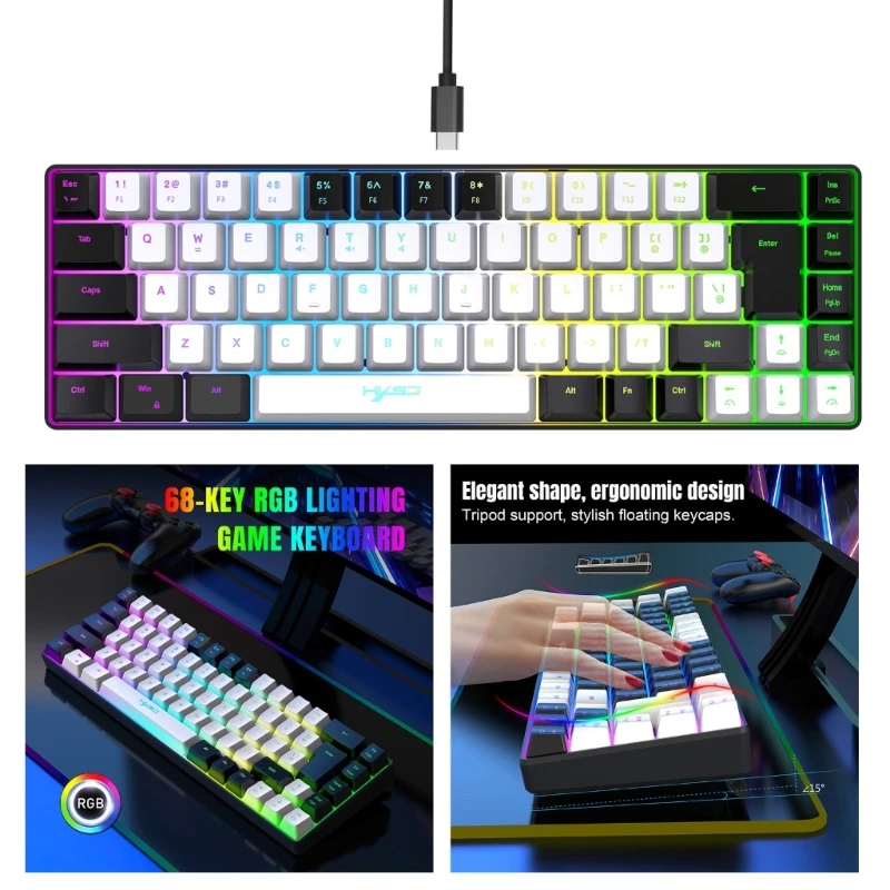 

V200 68 Keys Mini keyboard USB TypeC Gaming Membrane Keyboard Ergonomic Design Membrane Keyboards