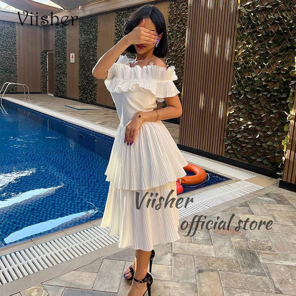 

Viisher White Mermaid Evening Dresses Off Shoulder Pleats Satin Formal Prom Dress Arabian Dubai Wedding Party Gown Ankle Length