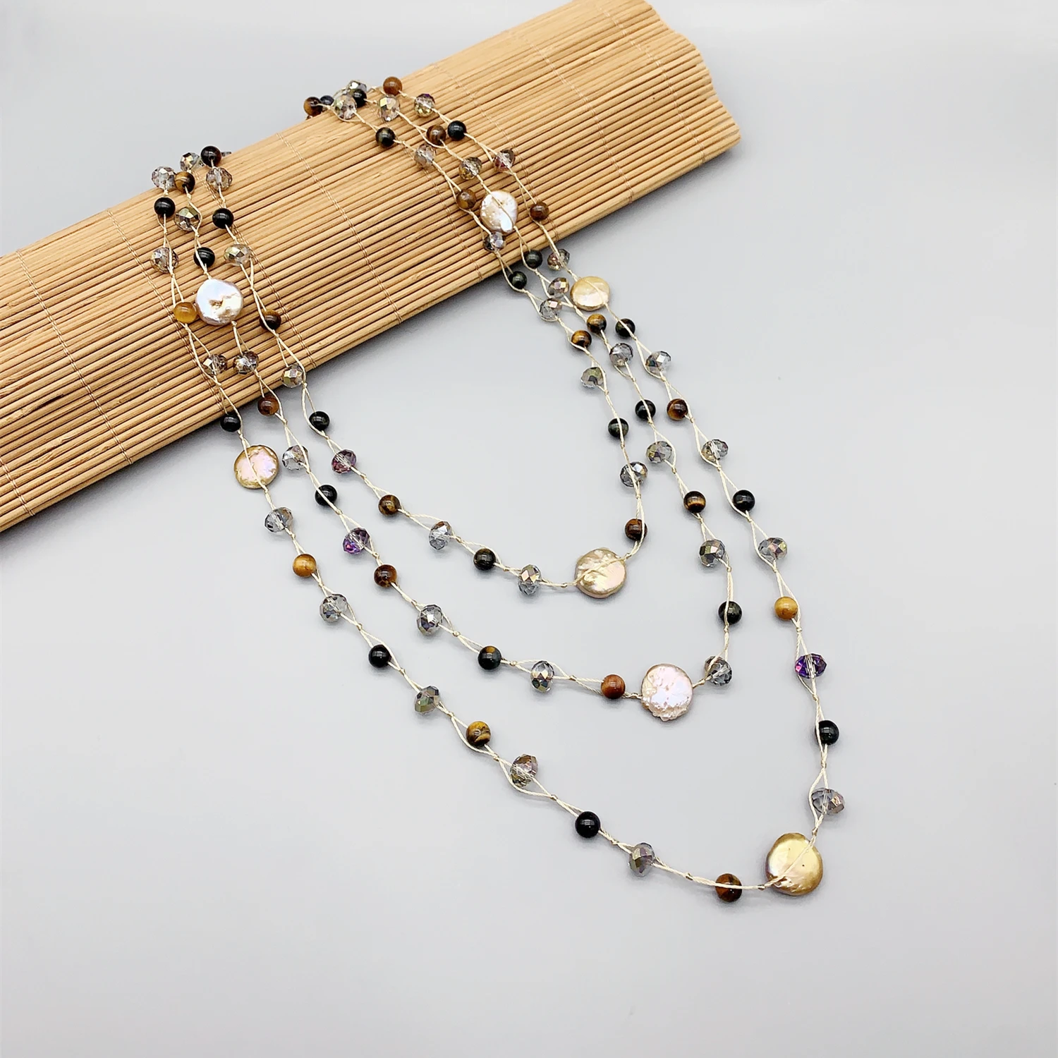 

FoLisaUnique Multicolor 6mm Tigers Eye Coin Pearl Necklace Crystals Stone Cord Trendy Jewelry Champagne Beige