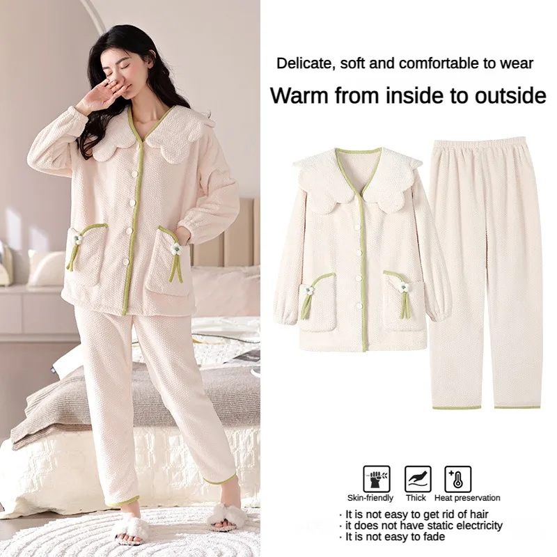 

New Flannel Women Pajamas Set Spring and Autumn Leisure Can Be Worn Outside The Long-sleeved Long Pants Sleepwear Homewear Suit