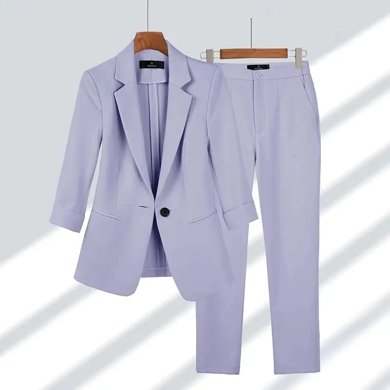 

Women's Spring Summer Suit Jacket Pants Set Korean Office Lady Blazers Coat Trousers 2 Piece Professional Suit Workwear Female