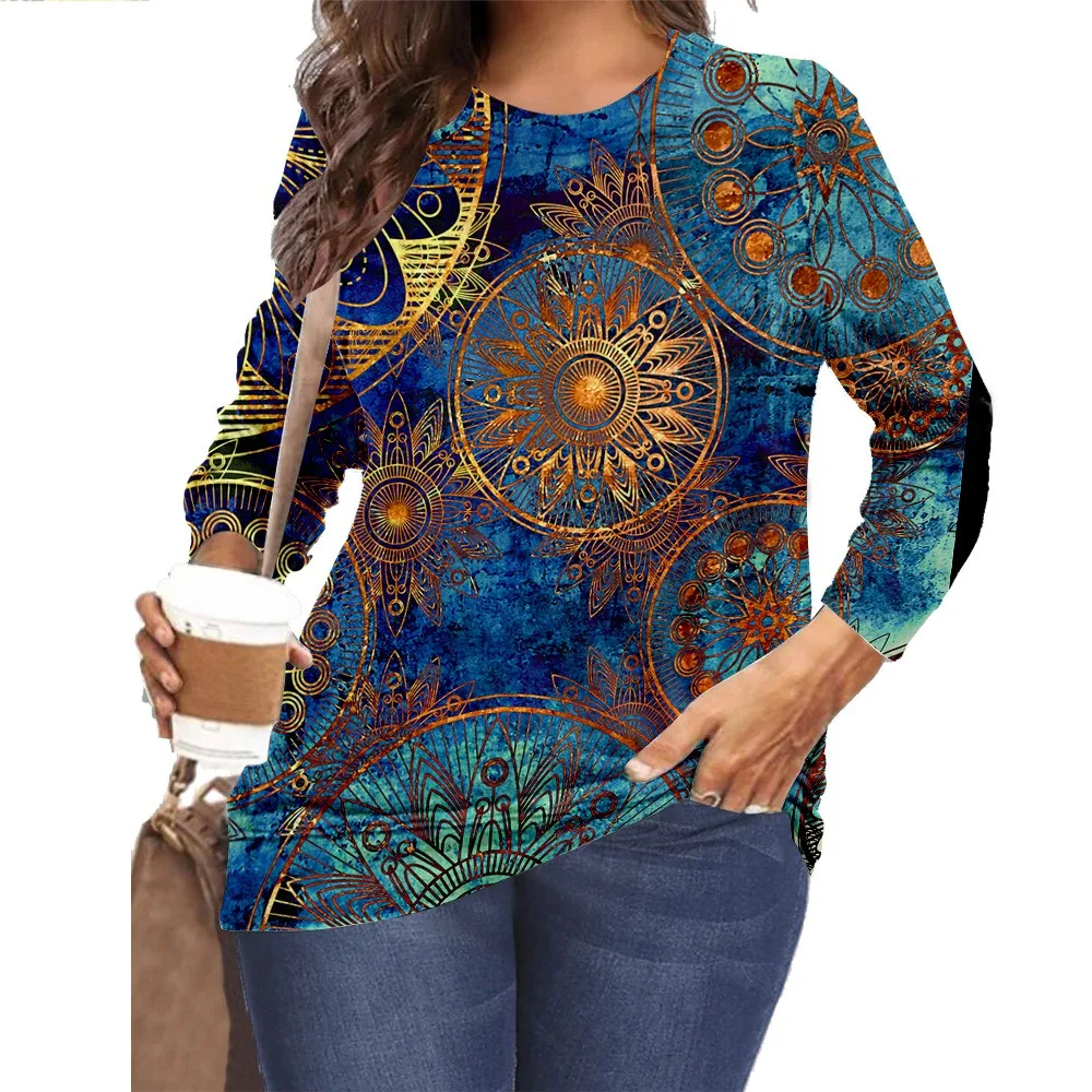

Весенняя винтажная Повседневная футболка с абстрактным принтом, осенняя уличная одежда в стиле Харадзюку, модная женская футболка с круглым вырезом, футболки с длинным рукавом, блуза