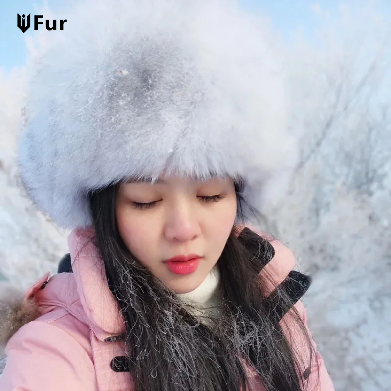 

New 100% Real Fox Fur Hats Women's Russian Ushanka Aviator Trapper Snow Skiing Hat Caps Earflap Winter Raccoon Fur Bomber Hat