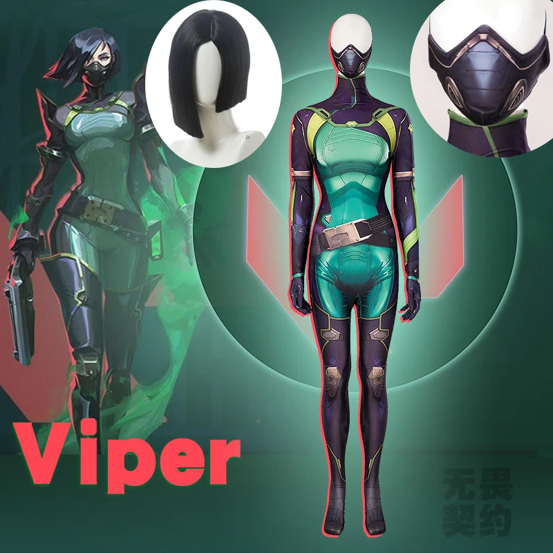 Game VALORANT Viper Cosplay Costume Mask Wig 3D Jumpsuit Women Halloween Party Carnival Roleplay Outfits Black Hair Shoes Boots
Game VALORANT Viper Cosplay Costume Mask Wig 3D Jumpsuit Women Halloween Party Carnival Roleplay Outfits Black Hair Shoes Boots