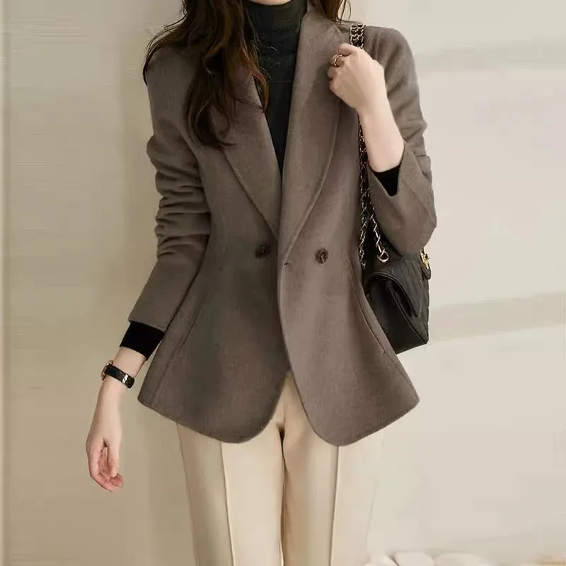 

UNXX Autumn Winter British Style Short Waist Woolen Suit Jacket Retro Casual Solid Color Loose Suit Collar Woolen Coat Woman's