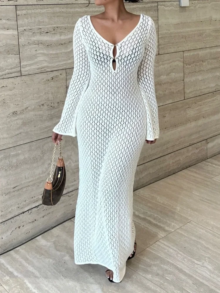 

2024 белое вязаное модное накидка, женское Прозрачное Платье макси с V-образным вырезом, ажурное пляжное праздничное платье, трикотажное платье с открытой спиной