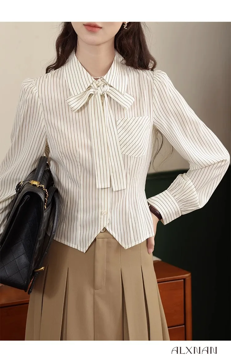 

Autumn New Apricot Stripes Shirt Korean Style Buttons Slim Crop Tops Female All-Match Daily Design Office Long Sleeve Blouses