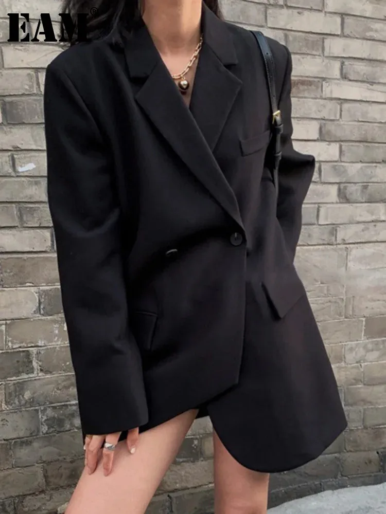 

[EAM] Women Black Belted Irregular Long Big Size Blazer New Lapel Long Sleeve Jacket Fashion Tide Spring Autumn 2024 1DH5257