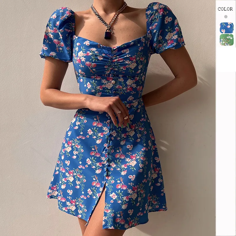 HMR-New Women's Summer Fashion Puff Sleeve FloralVWomen's Decorative Buttons Short Skirt with Collar and Chest Summer Dress
HMR-New Women's Summer Fashion Puff Sleeve FloralVWomen's Decorative Buttons Short Skirt with Collar and Chest Summer Dress