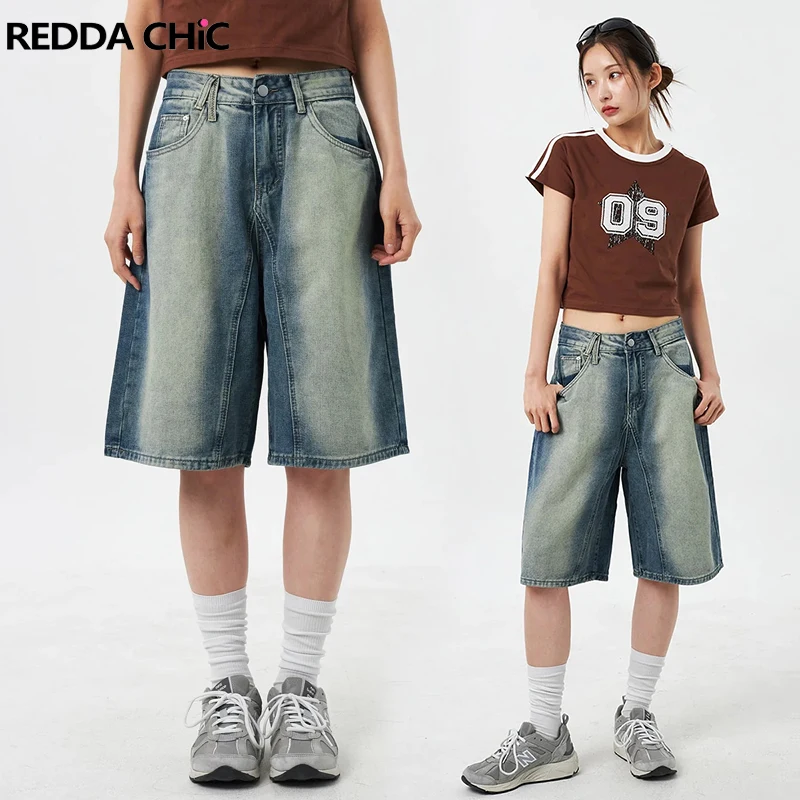 

ReddaChic Women Gradient Blue Baggy Jeans Jorts Ombre Retro High Rise Wide Leg Denim Short Pants Summer Casual Y2k Streetwear