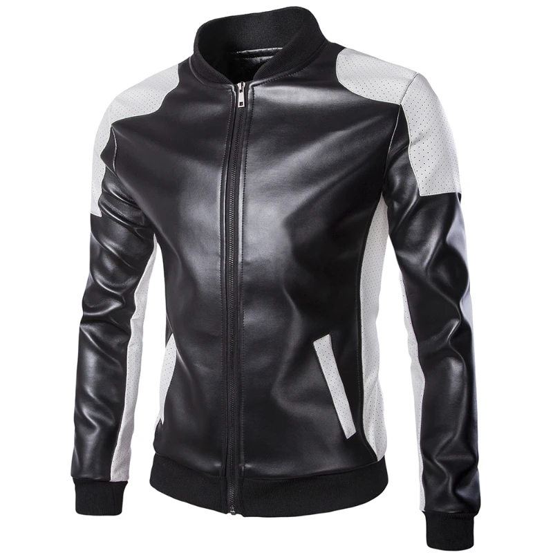 

Autumn and winter fashionable PU leather jacket for men, black and white patchwork, plus size, motorcycle clothing, jaket pria