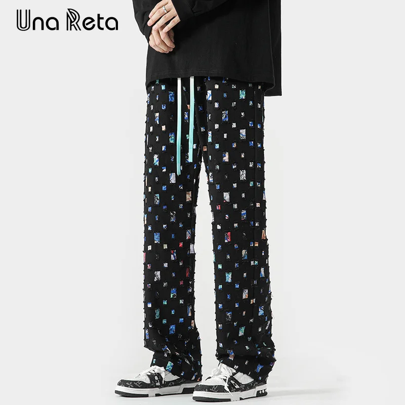 

Una Reta Man Pants Harajuku Hip hop Hole Colored Plaid Pants Men Sweatpants Fashion Elastic Waistline Sweatpants Couple Trousers