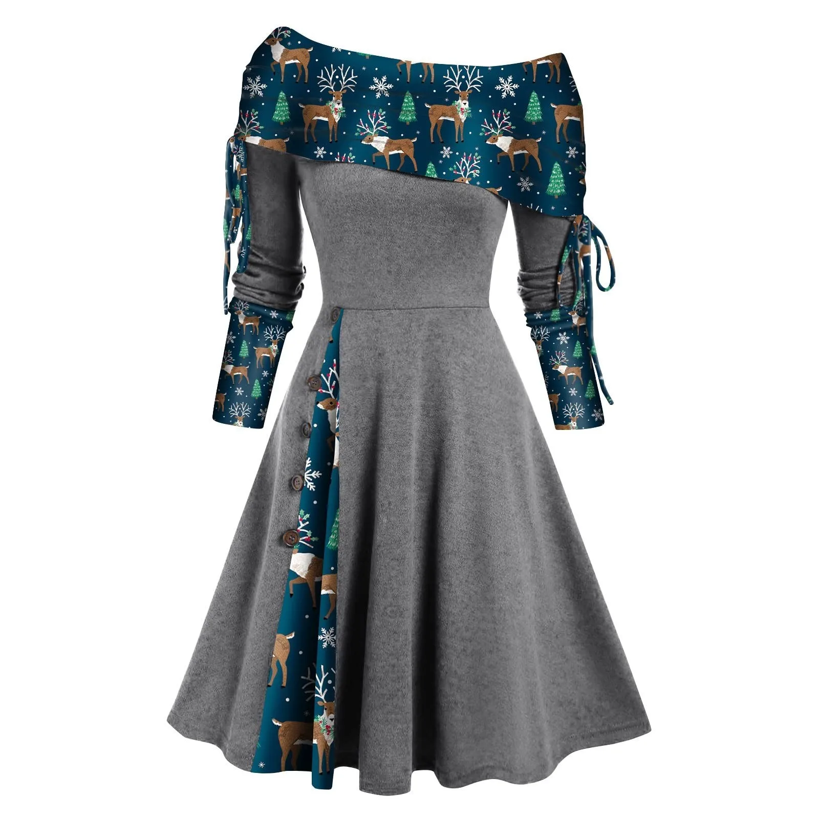 Christmas Rockabilly Dress Womens Long Sleeve Off Shoulder Print Patchwork Button Robe Vintage 1950s 60s Swing Dress Vestidos 
Christmas Rockabilly Dress Womens Long Sleeve Off Shoulder Print Patchwork Button Robe Vintage 1950s 60s Swing Dress Vestidos