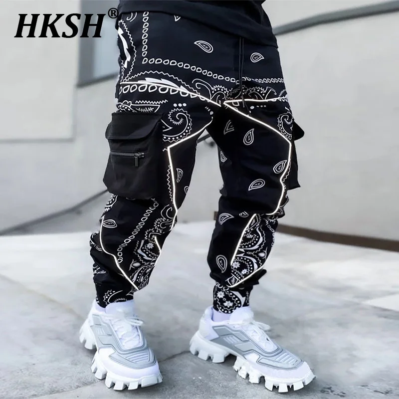 

HKSH Spring Summer New Print Cashew Flower Overalls Men's Tide High Street Hip Hop Loose Pockets Cargo Pants Fashion Chic HK1202