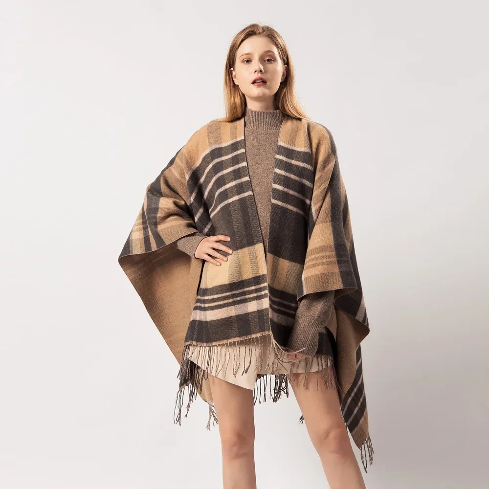 

Women's Scarf Lattice Tassel Imitation Cashmere Versatile Extra Thick Warm Shawl European American Cloak Cape Ponchos