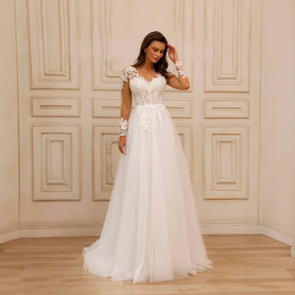 V-neck Appliques Lace Wedding Dress for Women Pleat A-line Wedding Gown Illusion Sleeve Elegant Birdal Gown Court свадебное
V-neck Appliques Lace Wedding Dress for Women Pleat A-line Wedding Gown Illusion Sleeve Elegant Birdal Gown Court свадебное