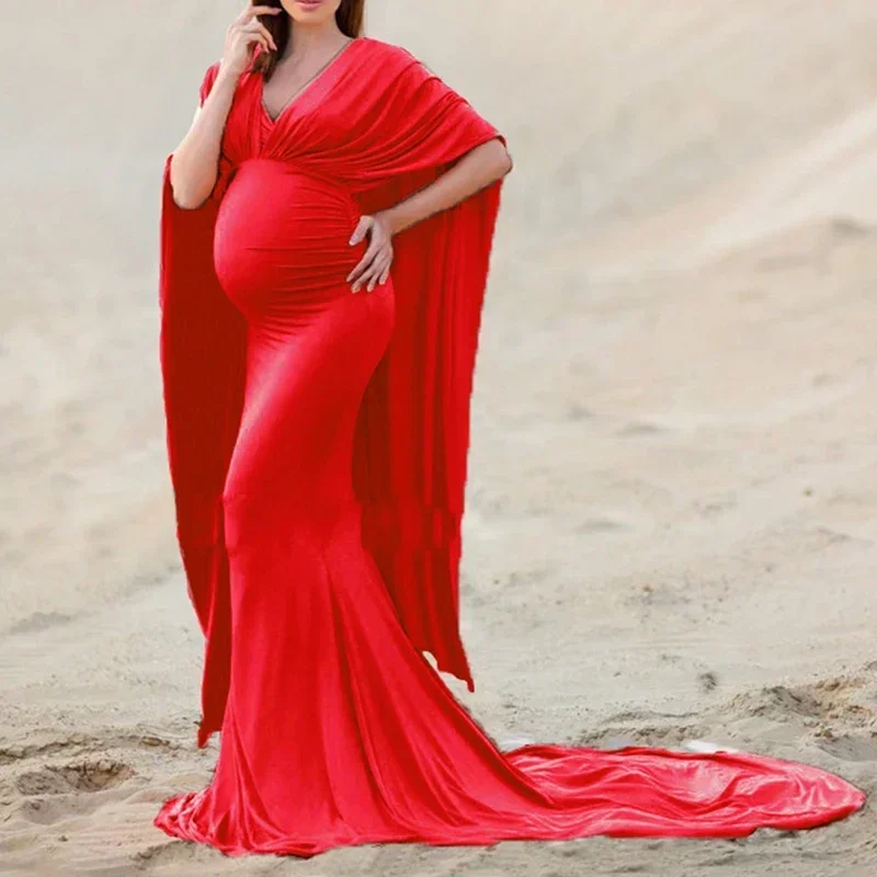 

Women's Off Shoulder Elegant Fitted Maternity Gown Chiffon Flare Cape Sleeve Slim Fit Maxi Photography Dress for Baby Shower