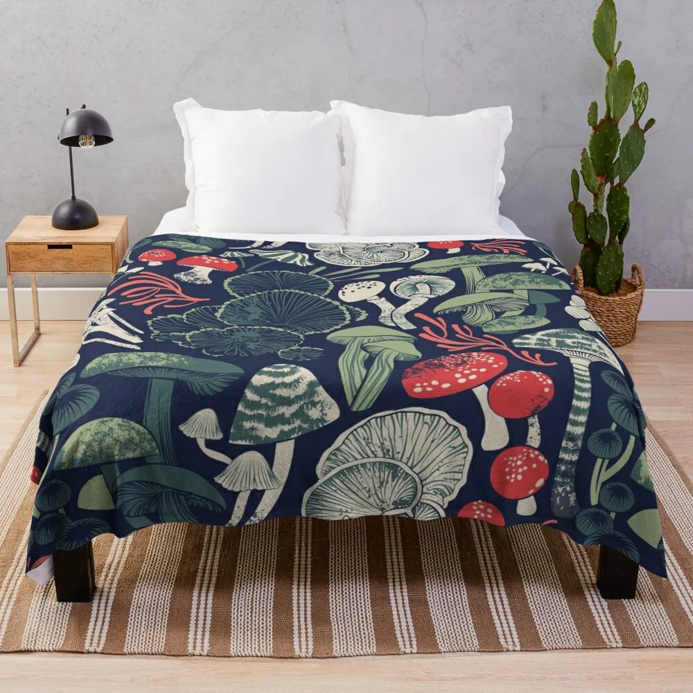 

Mystical fungi // midnight blue background sage and forest green red and coral wild mushrooms Throw Blanket For Sofa