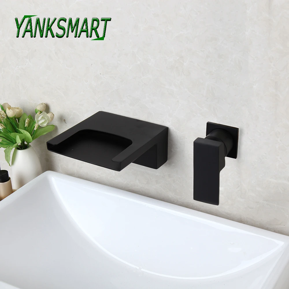 

YANKSMART Matte Black Bathroom Faucet Basin Sink Mixer Waterfall Bathtub Faucets Soild Brass Wall Mounted Hot Cold Water Tap