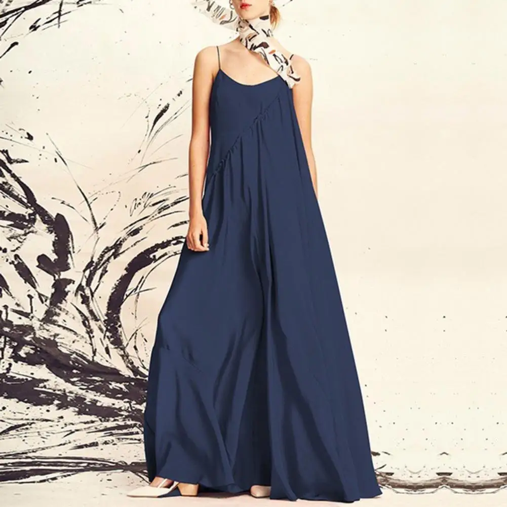 

Women Maxi Dress A-line Big Swing Full Length Sleeveless Solid Color Round Neck Spaghetti Strap Backless Patchwork Strappy Dress