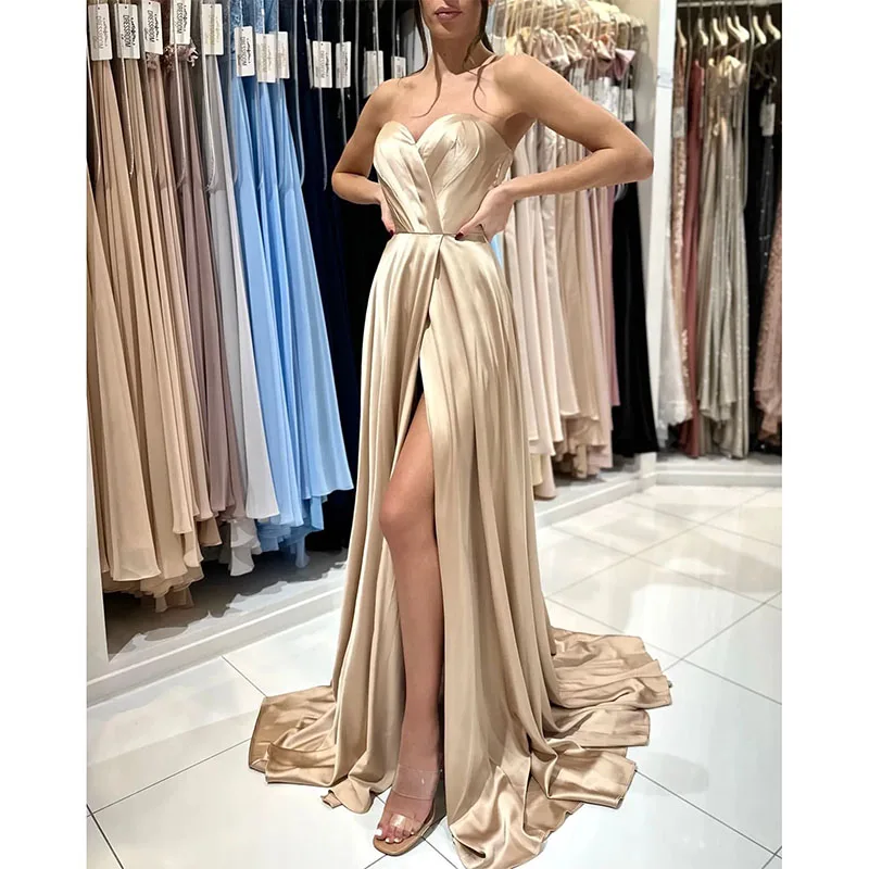 

Champagne Gold A-Line Prom Dress Sweetheart Evening Dresses Thigh Split Pleats Bridesmaid Dresses for Special Occasions