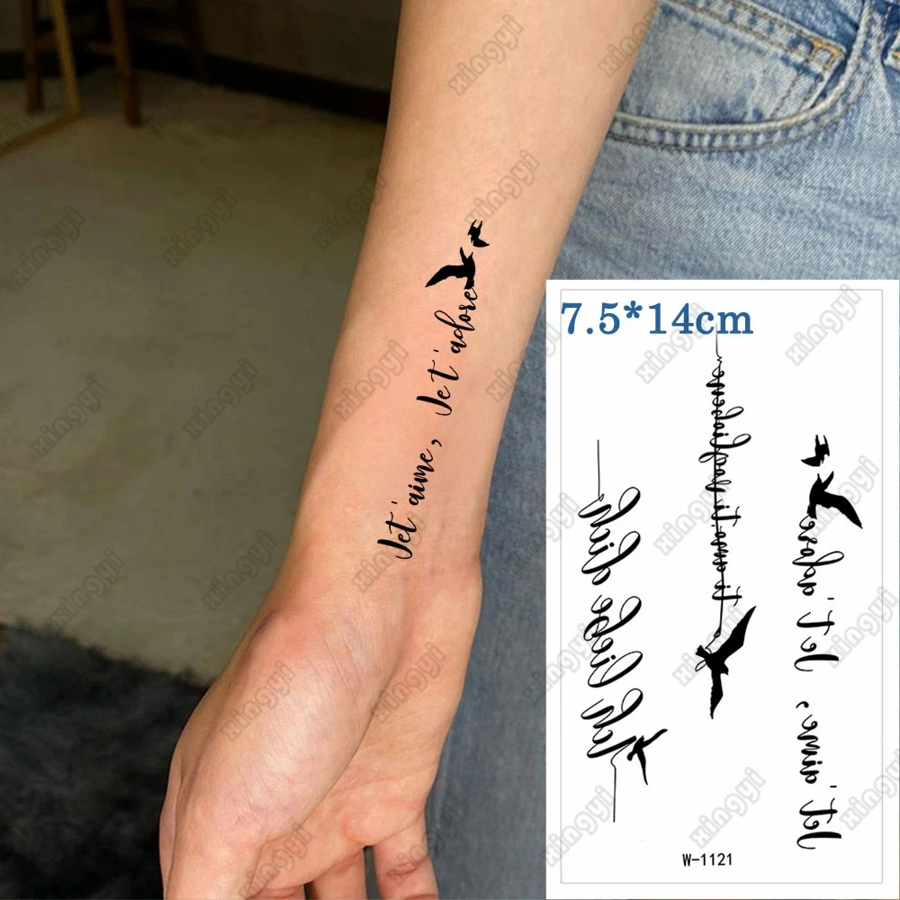 

Waterproof Temporary Tattoo Sticker Personality English Letter Ins Black Bird Pigeon Flash Tatoo Fake Tatto for Kids Women Men