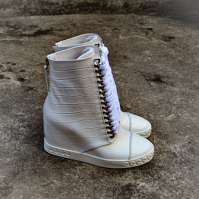 

Woman Fashion Height Increasing Autumn Botas White Leather High Top Shoes Casual Lace Up Concealed Wedge Boots Women