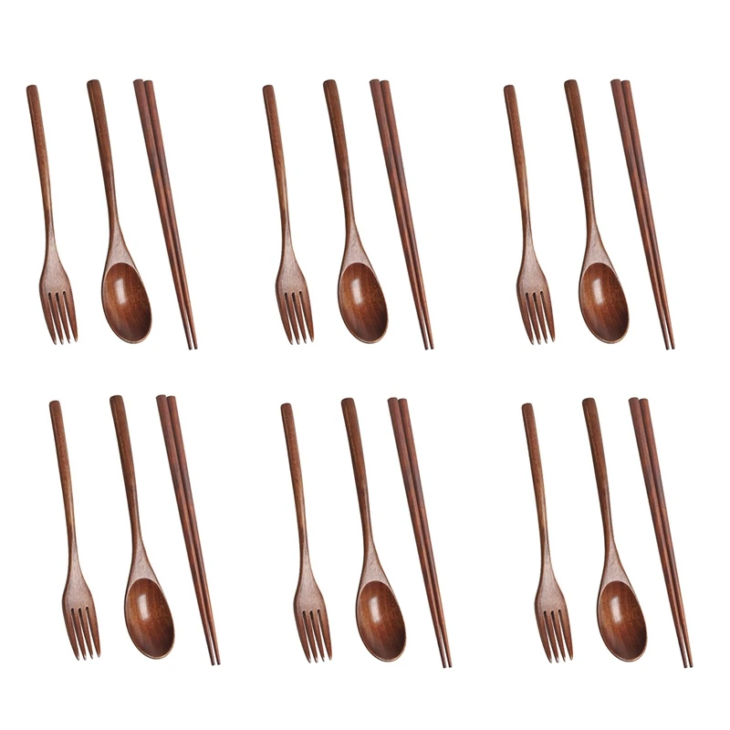 

Top!-6X Wooden Cutlery Set Portable Eco Friendly Reusable Flatware Utensils Set Spoon Fork Chopsticks