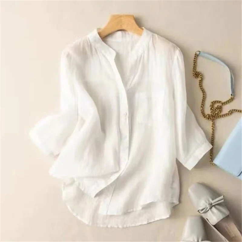 

Женская одежда в стиле ретро, простая повседневная рубашка из хлопка и льна, свободная блузка с V-образным вырезом и рукавом 3/4, однотонные асимметричные топы, женские блузы ZL486