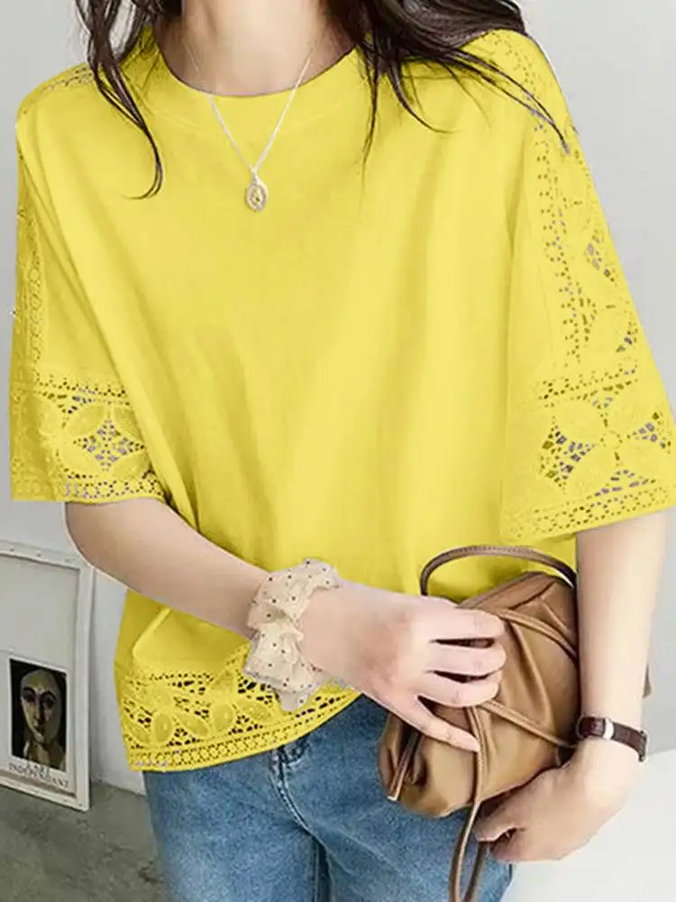 

2024 Summer Shirts VONDA Elegant Lace Blouse Women Solid Color Fashion Flare Sleeve Casual Tunic Tops Loose Blusas Femininas