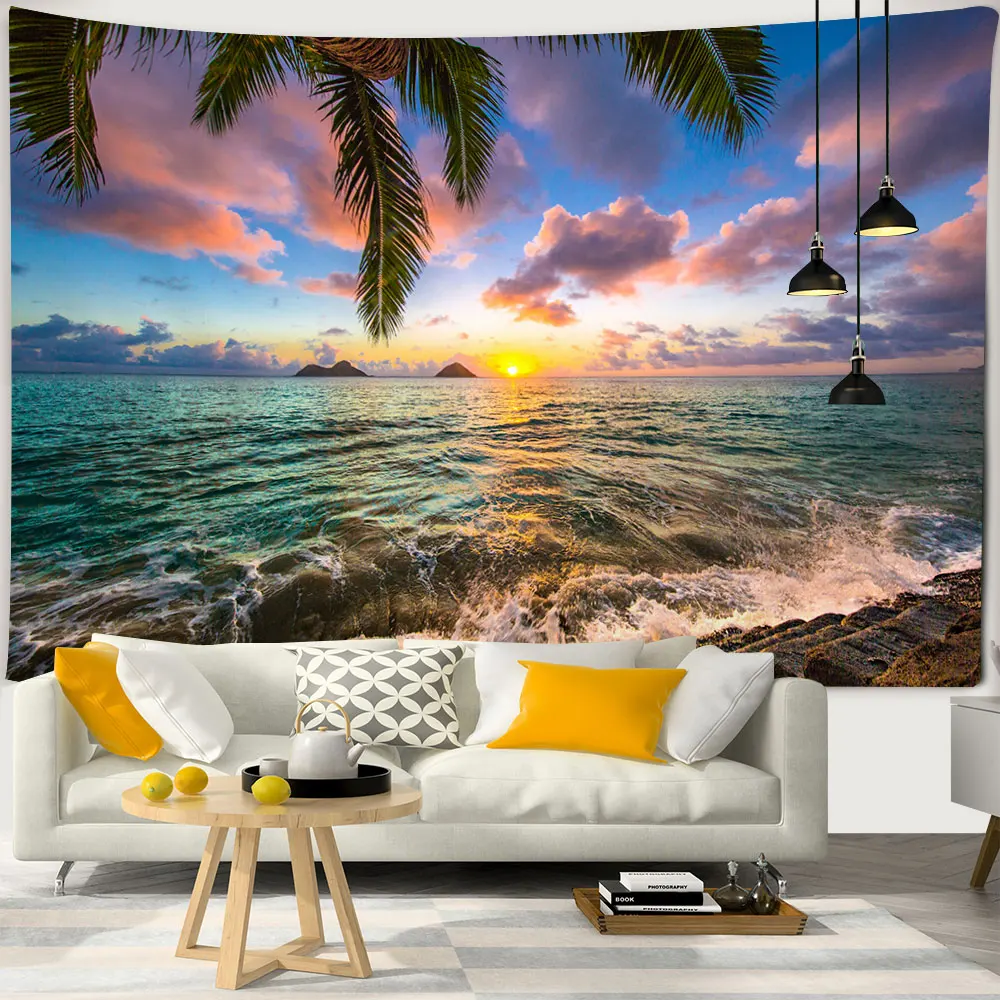 

Beautiful Sunset Landscape Wall Tapestry Sea Great Wave Beach Village Tapestry Forest Castle Printed Cloth Home Decoration